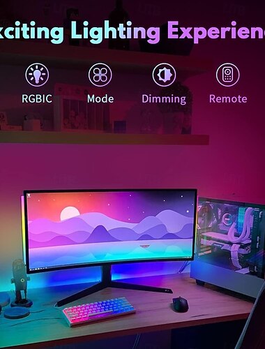  Barra de luz para monitor de juegos de 1/2 piezas, luz de pantalla RGBIC con sincronización de música, luz ambiental RGB alimentada por USB de 5 V con control remoto, Bluetooth &Controles en línea,