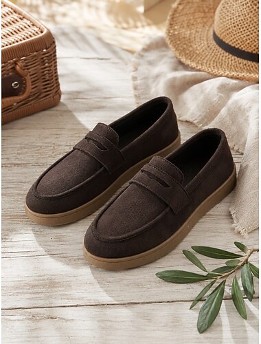  Bruine loafers van imitatie suède voor dames - instapschoenen in penny-stijl met rubberen zool voor casual woon-werkverkeer, reizen en wandelen. &dagelijkse vrijetijdskleding