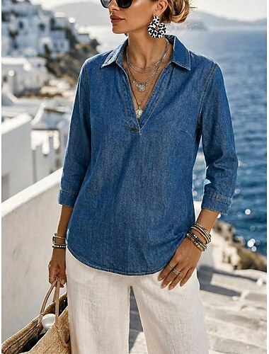  Dames Gewassen katoen Normaal shirt Lapwerk Knop Denim Vintage 3/4 mouw Overhemdkraag Casual Dagelijks blauw Zomer Lente Herfst