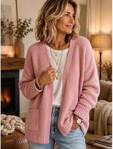  Damen Strickpullover Streetwear Einfarbig Gerippt Öffnung vorne Gestrickt Langarm Normale Oberteile Stricken Täglich Outdoor Ausgehen Rosa Grün Frühling Herbst