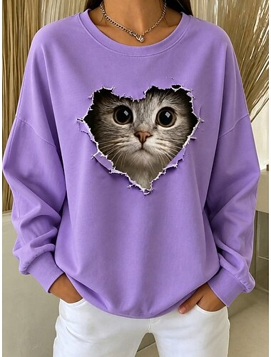  Mulheres Pullover Imprimir Gato Casual Manga Longa Gola Redonda Tops regulares Casual Azul Rosa Roxo Outono Inverno