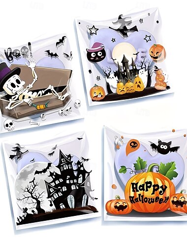  100 sachets à friandises d'Halloween, autocollants, décorés de têtes de mort, de citrouilles et de chauves-souris. Sachets réutilisables en plastique pour biscuits, bonbons, petits cadeaux, pour la