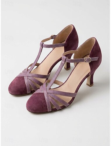  Retro pumps voor dames - vintage Mary Janes uit de jaren 50 met T-bandjes, gekruiste bandjes en een suède neus in dieppaars en lavendel, perfect voor streetwear, dagelijks gebruik en een middagthee.