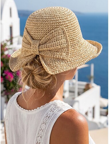  Faltbarer Boho-Strohhut für Damen mit Schleife, platzsparender, gewebter Sommerhut in verschiedenen Farben – ideal für Strandurlaub, Reisen, Gartenpartys, Brunch und Resorts. &Alltagskleidung