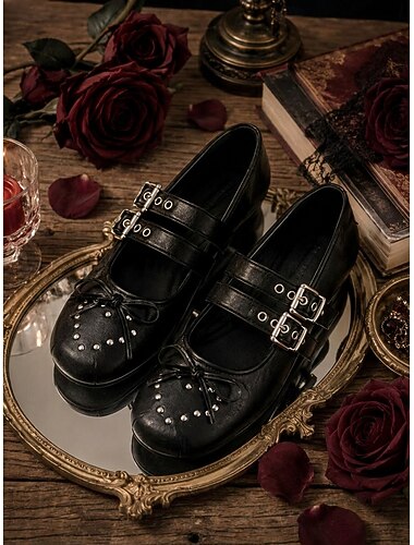  Schwarze Gothic-Mary-Jane-Ballerinas für Damen – Punk-Schuhe mit Schleife, Nieten und doppeltem Schnallenriemen, perfekt für Halloween-Kostüme und lässigen Streetstyle.