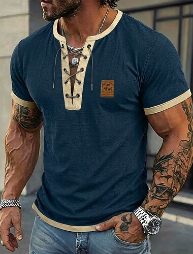  Herren T Shirt Henley Hemd T-Shirt Kurzarmshirt Kurzarm Schnürhals Frühling & Sommer Sommer Frühling Farbblock Mode Designer Basic Patchwork Lässig Urlaub Straße Blau Marineblau Braun Top T-Shirt für