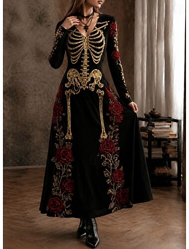  Halloween Dames Maxi-jurk A lijn jurk Feest Casual Dagelijks Feest Feestdagen Normale pasvorm Bloemig Doodskoppen Lange mouw V-hals Zwart Lente Herfst Winter