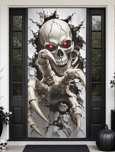  Cubierta de puerta de Halloween, ilusión 3D, decoración de puerta de esqueleto, envoltura de puerta, suministros para fiesta de casa embrujada, decoración espeluznante para puerta principal de