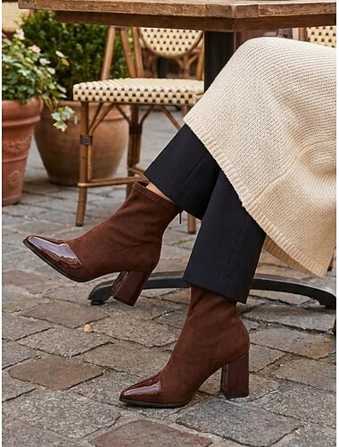  Bottines noires en daim pour femme - bottines chaussettes stretch à bout verni et talon compensé, style citadin chic, idéales pour les trajets quotidiens et le bureau.