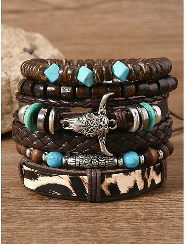  heren bohemian leren &Gelaagde armbandenset van houten kralen met een stierenkopbedeltje, etnische meerlaagse armbanden voor op reis, festivals, strand, casual kleding en outdoorstijl.