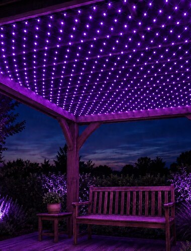  Rede de luzes LED decorativa para exterior, 6x4m com 880 LEDs, ideal para decorar pátios, jardins, arbustos e cercas.