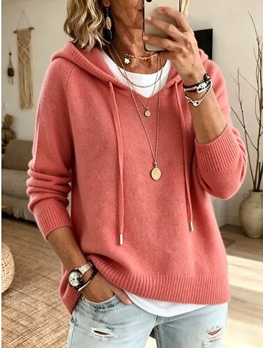  Damen Pullover Täglich Stilvoll Lässig Rundhalsausschnitt Mit Kapuze Langarm Lange Oberteile Stricken Täglich Heim Ferien Rosa Leicht Braun Herbst Winter