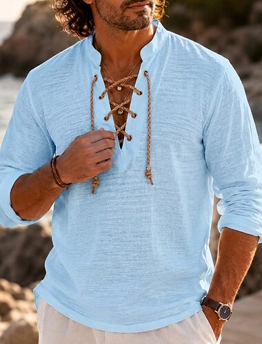  Per uomo Maglietta in lino Manica Lunga Collo con lacci Primavera & Estate Estate Primavera Tinta unica Semplice Testurizzato Vintage Nautico Stile Boho Allacciato Trasparente Casuale Vacanza