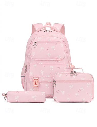  Rugzakset voor meisjes met strikjesprint, 3-delige waterbestendige polyester schooltas in diverse kleuren, ruime schooltas met meerdere compartimenten en lunchtas. &Pennenetui voor de start van het
