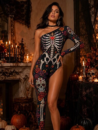  Halloween Combinaison combinaison Crâne de sucre Squelette Modèle asymétrique à une épaule Impression Manchon simple Gothique Fantasmagorique Femmes Costume pour Club Festival de Musique Soirée