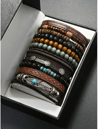  Heren boho gelaagde armbandenset, 11 stuks stapelbare armbanden van houten kralen, legering en leer, casual zomersieraden voor strandvakantie, reizen, festivals, feesten en dagelijks gebruik.