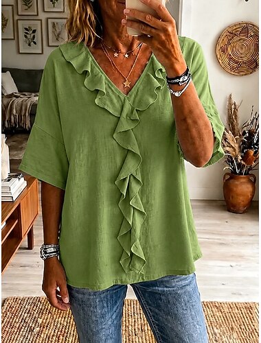 Per donna Blusa Volant Semplice Elegante Casual Manica 3/4 Scollo a V Top Regolari Casuale Quotidiano Blu Bianco Verde Estate Primavera