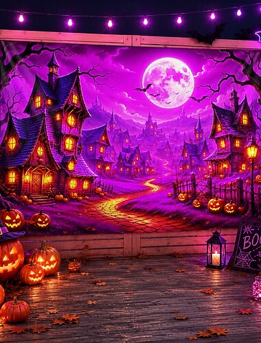  Fondo de Halloween morado, tapiz de pared de pueblo de Halloween, luna llena, pueblo de calabazas, fondo exterior para colgar en la pared para patio, jardín, porche, cerca, casa embrujada, decoración