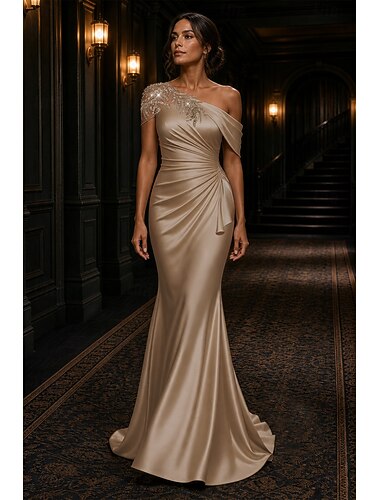  Meerjungfrauenschnitt Bodenlange Schleppe Abendkleid Elegant Glitzern seidig Ärmellos Ein-Schulter Abendgesellschaft Hochzeit Satin mit Gerafft Paillette Applikationen