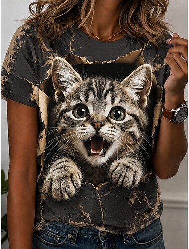  Women's T Shirt Print Graphic Animal Cat Vintage Stylish Classic Short Sleeve Crew Neck Round Neck Regular Tops Casual Daily Black Pink Summer Spring Fall Winter