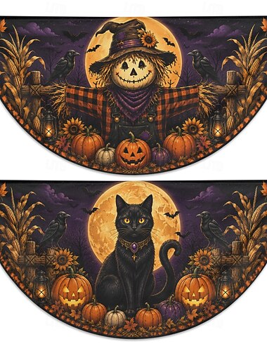  Halloween halvrunde flaggstativer sett med 2 fugleskremsel svart katt gresskar måne høst innhøsting utendørs veranda rekkverk gjerde festdekorasjoner