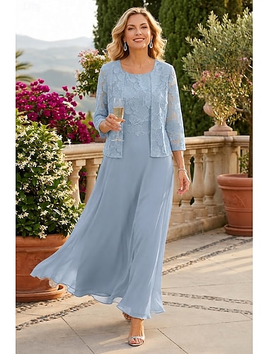  Dos Piezas Corte A Hasta el Suelo Vestido Invitada Boda Vestido de Madrina Manga 3/4 Escote Barco Elegante Sencillo Minimalista Formal Invitado a la boda Gasa con Encaje