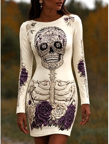 Halloween Dames Mini-jurk T shirt jurk Bodycon-jurk Vakantie Casual Dagelijks Feest Slank Grafisch Doodskoppen Lange mouw Strakke ronde hals Wit Zwart Lente Herfst Winter