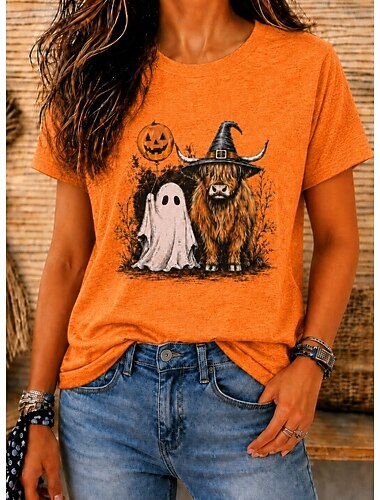  Halloween Dames T-shirt Afdrukken Grafisch Pompoen Vintage Stijlvol Casual Korte mouw Strakke ronde hals Normale tops Casual Dagelijks Weekend blauw Rood Oranje Zomer Lente Herfst