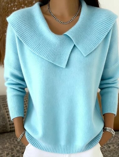  Damen Rollkragenpullover Vintage Gerippt Umlegekragen Patchwork Gestrickt Strukturiert Langarm Normale Oberteile Stricken Heim Blau Weinrot Herbst Winter