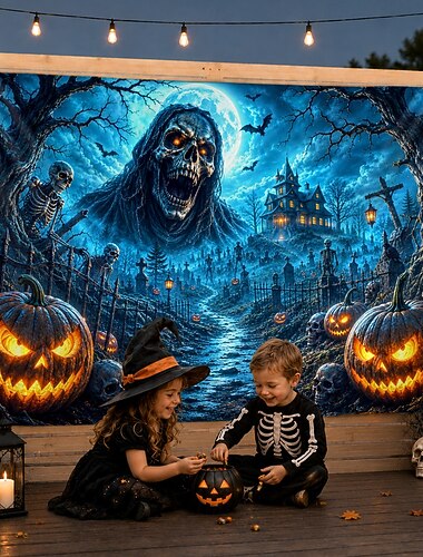  Tapiz de Halloween con fondo de la Parca, casa embrujada, calabaza, terror, cementerio, para colgar en la pared, ideal para fiestas de Halloween, fotomatón, decoración de interiores y exteriores,