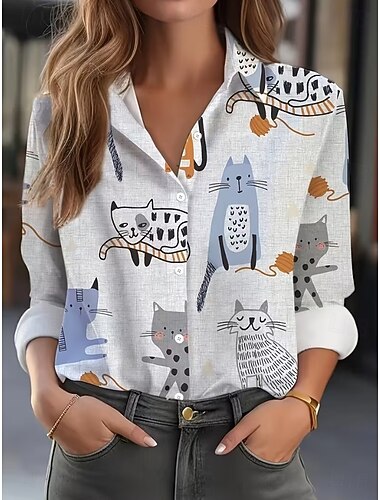  Dames Overhemd Knop Afdrukken Grafisch Kat Vintage Stijlvol Basic Lange mouw Kraag Overhemdkraag Lange tops Casual Dagelijks Wit Oranje Beige Licht Blauw Zomer Lente