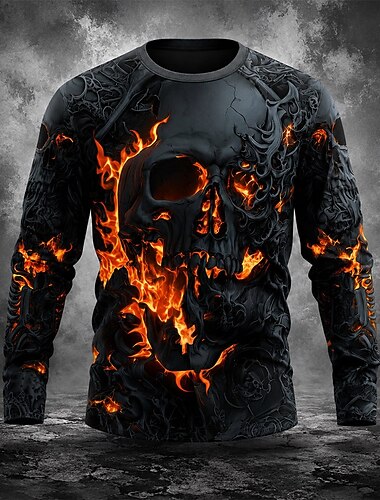  Halloween Herren Schädel Flamme T-Shirt Langarm T-Shirt 3D Druck Rundhals Shirt Dunkel Alltag Urlaub Straße Blau Gelb Orange Sommer Frühling Herbst Bekleidung Apparel S M L XL XXL XXXL