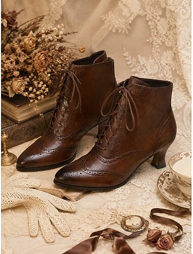  női barna viktoriánus vintage fűzős csizma - szárnyas, brogue Edward-i orsós cicasarkú bokacsizma cosplayhez, retró teadélutánhoz