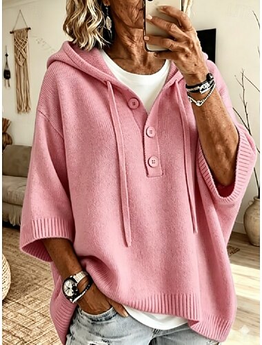  Women's Sweater Pullover Sweater Jumper Vintage Daily Casual Hooded Hooded 3/4 Length Sleeve Long Tops Knit Daily Home Holiday Blue Pink Fall Winter