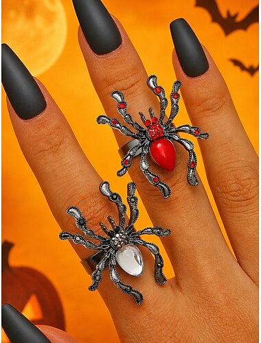  Damring i legering i akryl, spindelring i gotiskt halloween-smycke, svart, röd, statement-ring för kvinnor, kostymfesttillbehör, häxstil, gotiskt mode, cosplay, festival och högtidsfirande