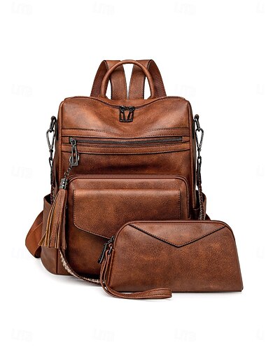  Set di zaino e borsa da donna marrone, borsa da viaggio convertibile effetto pelle vintage con pochette abbinata, dettaglio con nappina, borsa a tracolla casual multi-tasche per lavoro, università,