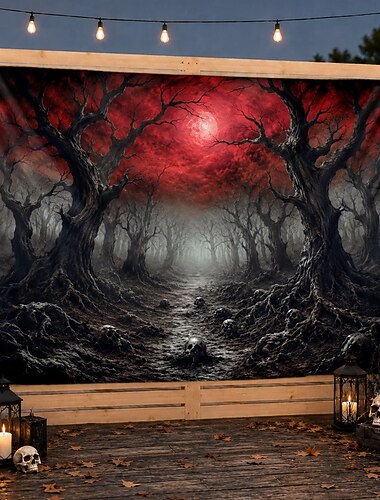  Tapisserie murale d'Halloween avec lune rouge, crâne et chemin dans une forêt sombre, idéale pour une fête d'Halloween, un photomaton ou une décoration de porche intérieur ou extérieur.