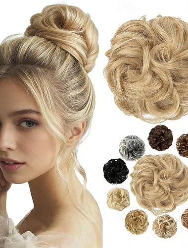  aplique de cabelo coque bagunçado, ondulado, cacheado, elástico de cabelo sintético, rabo de cavalo, apliques de cabelo grosso para mulheres, loiro mel claro