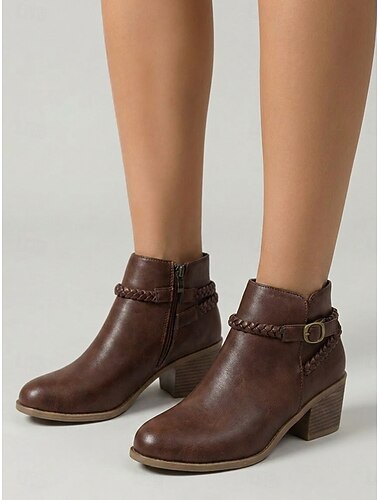 Bottines marron à talon compensé et boucle tressée pour femme, fermeture éclair latérale, idéales pour les promenades à la campagne et les voyages. &vêtements de tous les jours