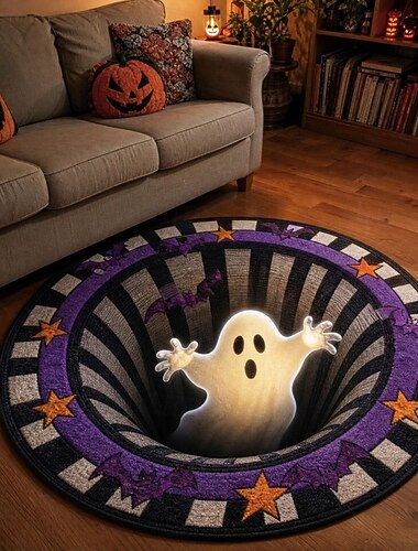  Tapis d'entrée rond à illusion d'optique 3D pour Halloween, motif fantôme et étoiles, avec trous en spirale violets. Décoration effrayante pour porche d'Halloween.