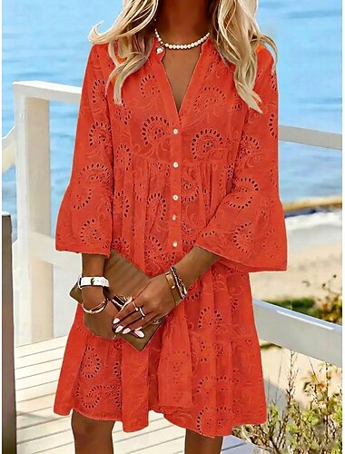  Dam Knälång klänning Vit klänning Sommarklänning Öljett klänning Mode Modern Strand Semester Helgdag Lös passning Blommig Långärmad Hög krage Vit Gul Rodnande Rosa Marinblå Sommar Vår