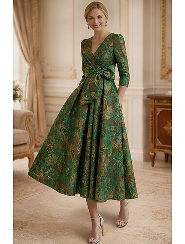  A-Linie Tee-Länge Cocktailkleider Partykleider Elegant Vintage luxuriös Dreiviertelarm V Ausschnitt Cocktail Hochzeit Metallgewebe Jacquard mit Schleife(n) Falten Tasche