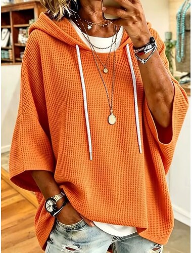  Per donna Felpe con cappuccio Patchwork Semplice Moda Casual Manica 3/4 Con Cappuccio Top Regolari Casuale Streetwear Bianco Nero Rosso Arancione Primavera Autunno