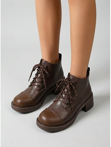  Bruine enkellaarsjes van imitatieleer voor dames met vetersluiting - casual ronde neus, lage hak, stoere booties voor op reis &herfst/winterkleding