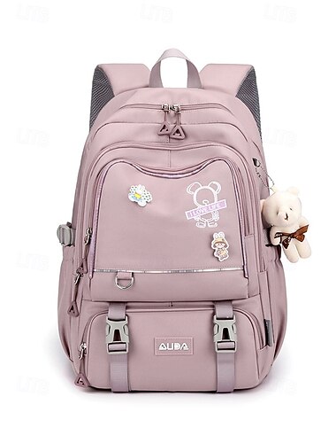  Zaino da bambina con grazioso ciondolo a forma di orsetto, borsa scolastica in poliestere resistente all'acqua disponibile in diversi colori, zaino capiente con scomparti multipli e passante per