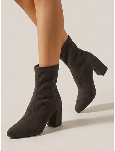  Bottines chaussettes en daim marron foncé pour femme - bottines tendance à bout pointu et talon bloc épais, idéales pour un look urbain et décontracté au quotidien.
