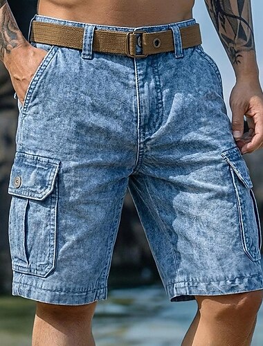  男性用 カーゴショーツ ショーツ サマーショーツ カジュアルショーツ アシッドウォッシュショーツ ポケット 弾性ウエスト 洗浄済み 履き心地よい 高通気性 膝丈 カジュアル アウトドア ビーチ 旅行度假风 ファッション ブルー ネイビーブルー 伸縮性なし