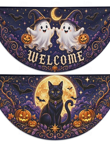  Halloween halvrunde flaggstativer sett med 2 velkomstspøkelse svart katt gresskar måne utendørs veranda rekkverk gjerde festdekorasjoner