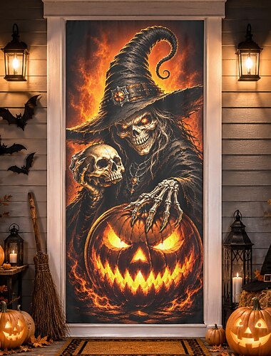  Cubierta de puerta de Halloween, pancarta de puerta de bruja con esqueleto, calabaza brillante, fondo de puerta de entrada aterrador, porche, entrada, decoración de fiesta de casa embrujada