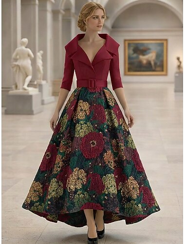  A-Linie Asymmetrisch Abendkleid Festliche Kleidung Elegant luxuriös Dreiviertelarm V Ausschnitt Abendgesellschaft Hochzeit Metallgewebe Jacquard mit Falten